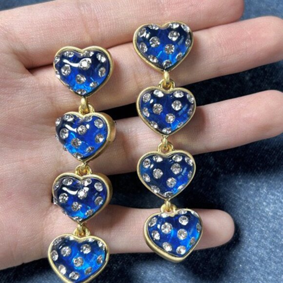 Oscar de la Renta Blue Heart Dangle Earrings Gold Tone Rhinestone Drop Earrings - Picture 2 of 3
